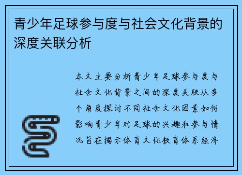 青少年足球参与度与社会文化背景的深度关联分析